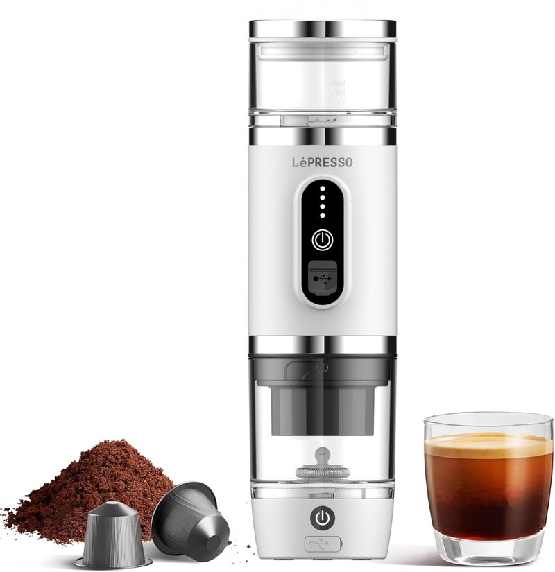 LePRESSO 4-in-1 Portable Coffee Machine, 20Bar Espresso Maker with Milk Frother, Capsule & Coffee Powder Compatible, Quick Brew & Foam Maker, 80mL Capacity, 2500mAh Battery, Ideal for Camping & Outdoors – White - Image 1